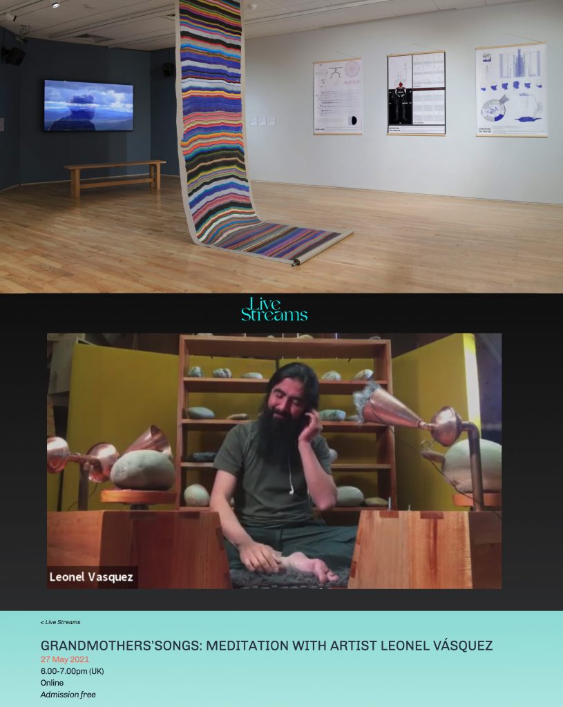 Above: Installation shot of Live Streams, Art Exchange, 2021. Below: Leonel Vásquez delivering a deep listening event for the Live Streams public program; https://entre-rios.net/livestreams/