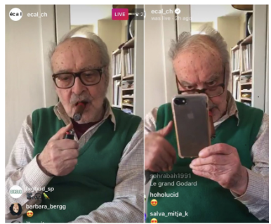 Jean-Luc Godard doing a masterclass on Instagram Live with University of Art and Design Lausanne @ecal_ch (April 2020).